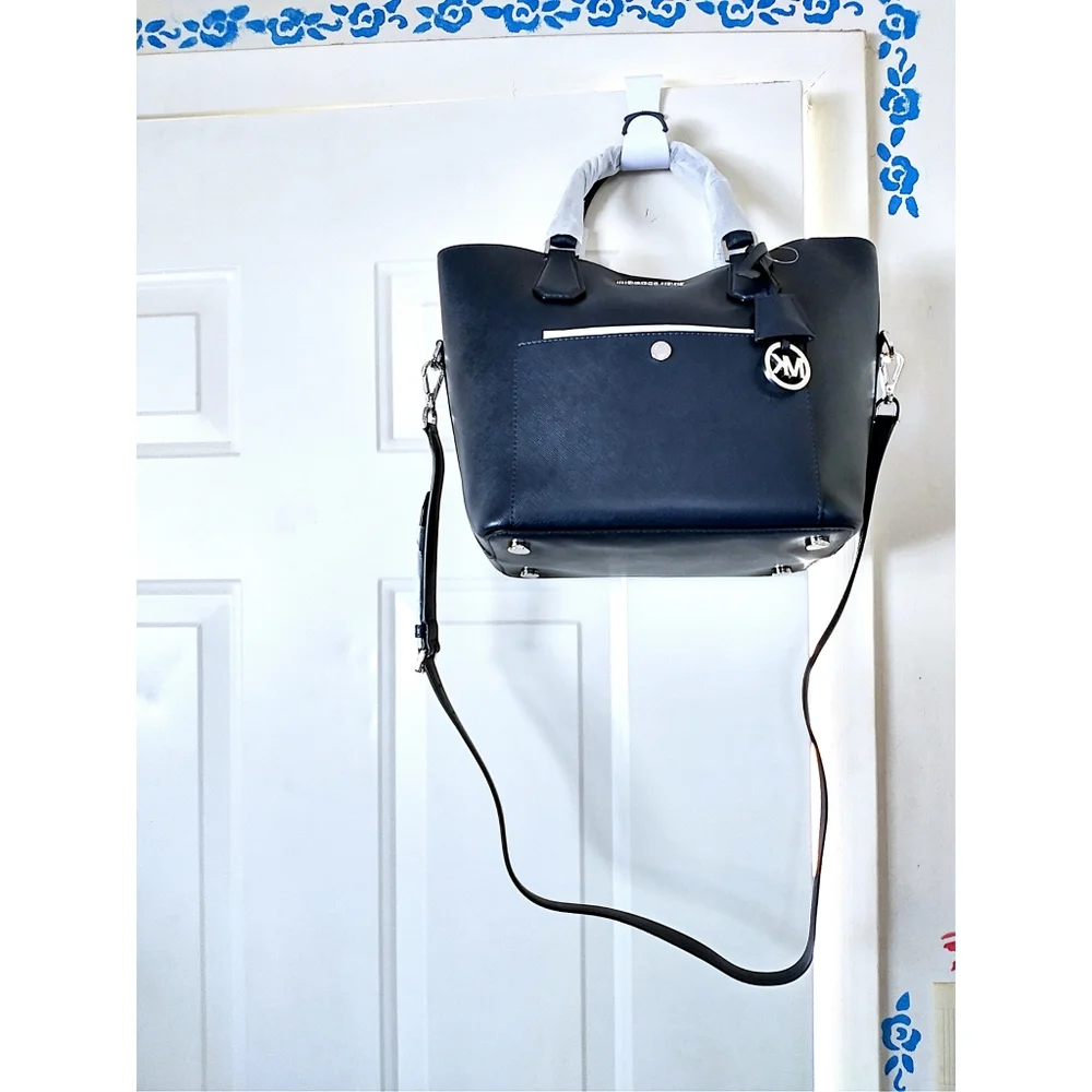 New! MICHAEL KORS Leather Greenwich Large Grab Bag Handbag Crossbody Navy Blue